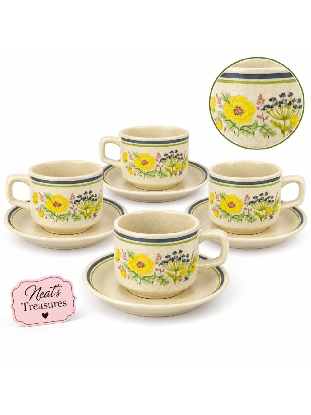 Vintage 70's Lenox Temperware SUMMER SPICE Floral Flat Cup And Saucers  Set Four